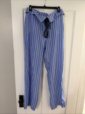Blue Striped Drawstring Linen Pants